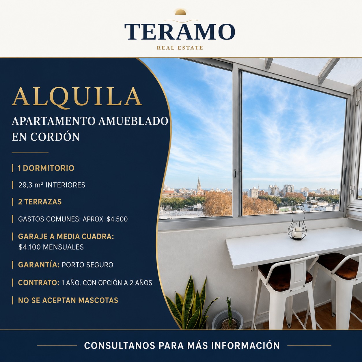 Apartamento 1 dorm. en Cordón